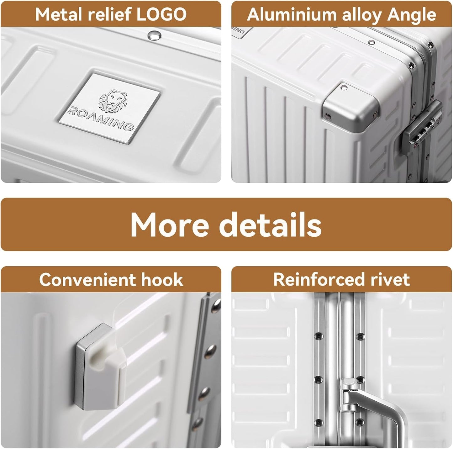 ROAMING Zipperless Luggage 22 Inch with Aluminum Frame, Polycarbonate Trunk-Medium Lightweight Hard Shell Suitcase with Spinner Wheels, Metal Travel Luggage with Double Tsa Locks, Shell white