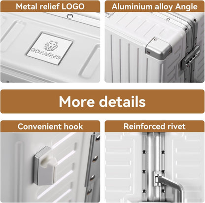 ROAMING Zipperless Luggage 22 Inch with Aluminum Frame, Polycarbonate Trunk-Medium Lightweight Hard Shell Suitcase with Spinner Wheels, Metal Travel Luggage with Double Tsa Locks, Shell white