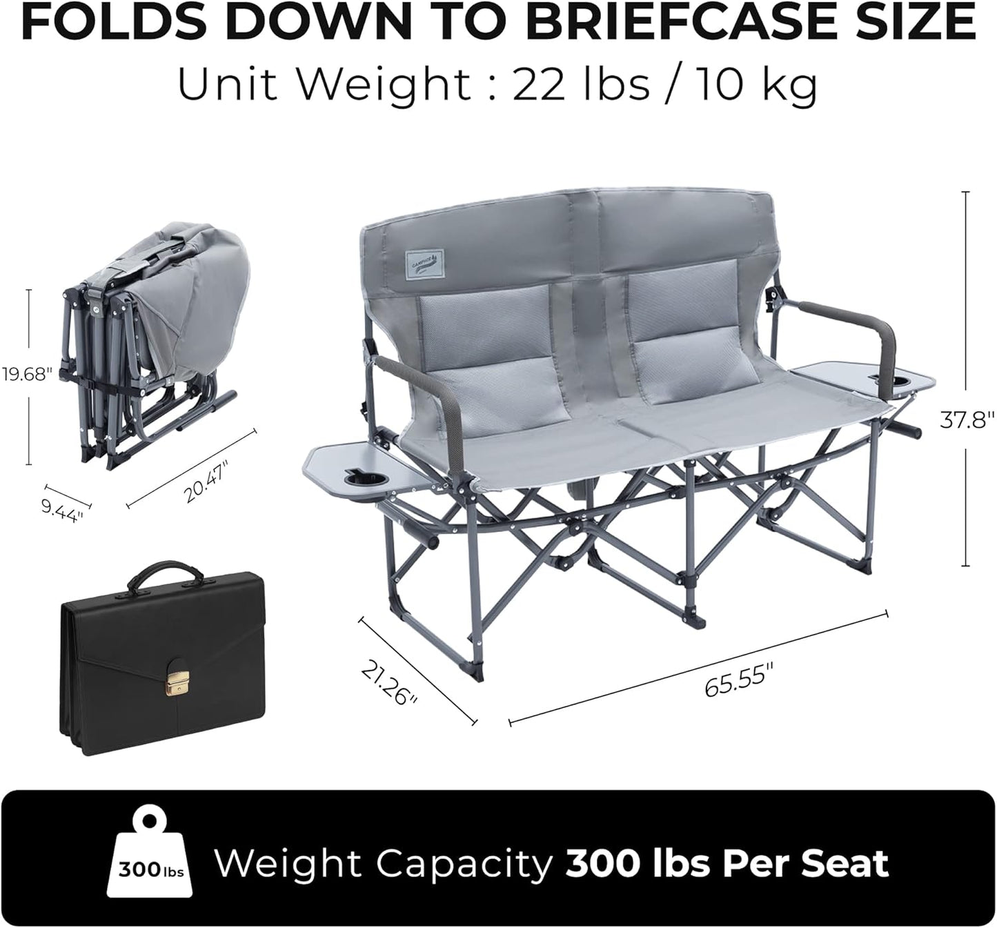 Oversized Double Portable Folding Director’s Loveseat Chair with Padded Backrest, Side Table | Outdoor Sports, Beach, Lawn, Hunting, Tailgating, Fishing| Supports 300 Lbs/Seat