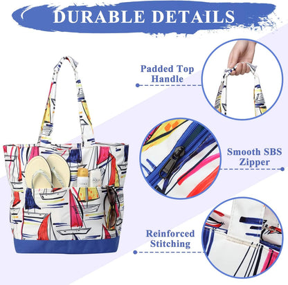 VASCHY Beach Bag for Women, Large Waterproof Sandproof Fold-able Packable Pool Tote Bag w Zipper/Pockets