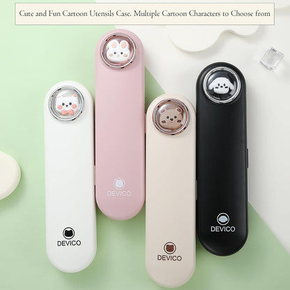 DEVICO Travel Utensils with Case Cute, Reusable Silverware for Lunch, Portable Cutlery Set, 18/8 Stainless Steel Fork Spoon Chopsticks in Cartoon Case, Dishwasher Safe (Black)