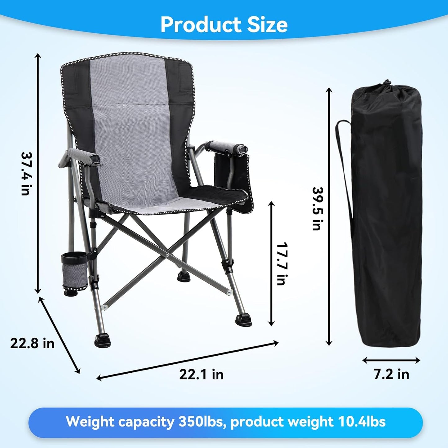 Camping Chair for Adults Heavy Duty Outdoor Patio Lawn Chairs Portable Support 350 LBS High Back Padded Oxford with Armrests, Storage Bag, Cup Holder, for Outside Fishing, Camping, Foldable