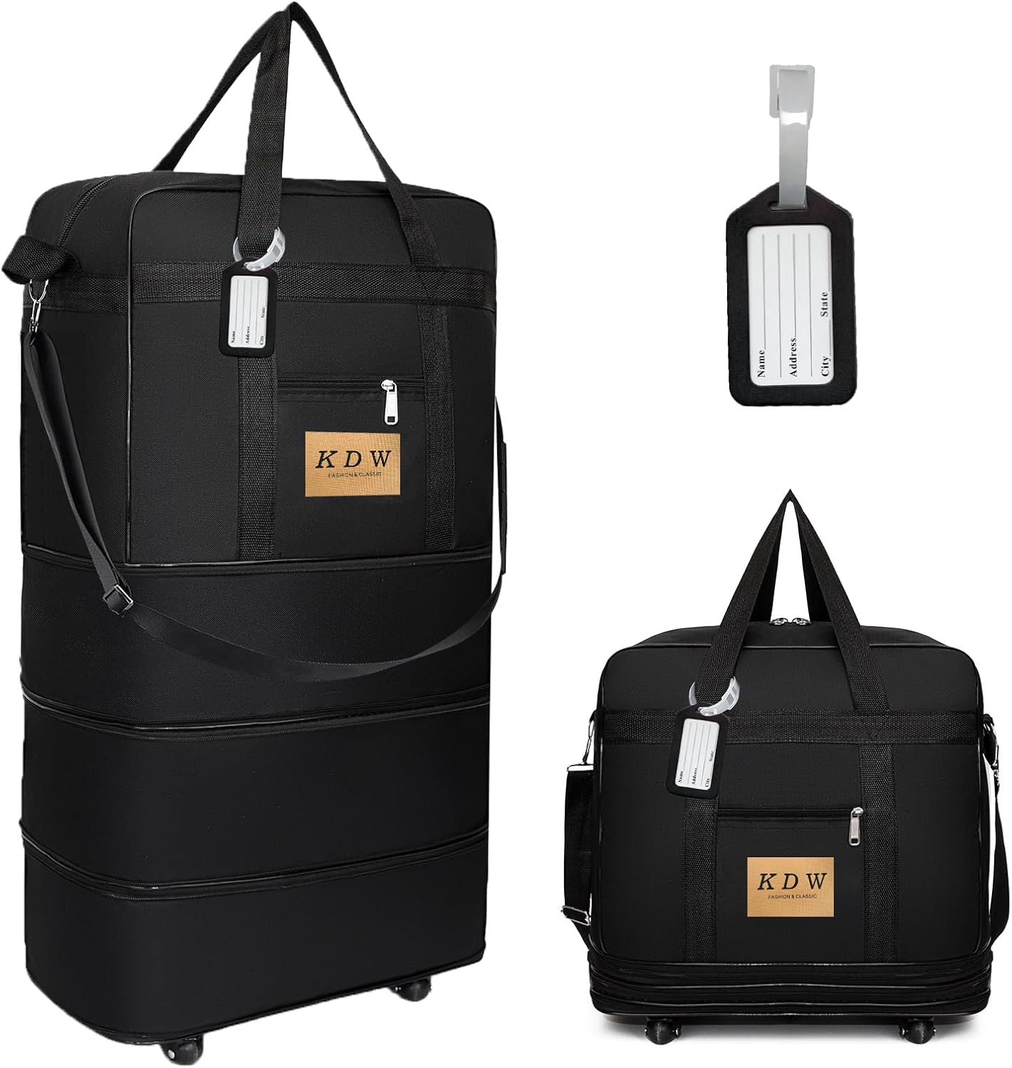 Foldable Travel Bag with Wheels, Extendable Tote Bag, Roller Expandable Luggage Compartment, Large Capacity Lightweight Luggage Bag, Waterproof for Men and Women(Black)