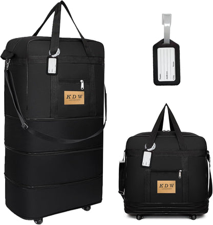 Foldable Travel Bag with Wheels, Extendable Tote Bag, Roller Expandable Luggage Compartment, Large Capacity Lightweight Luggage Bag, Waterproof for Men and Women(Black)