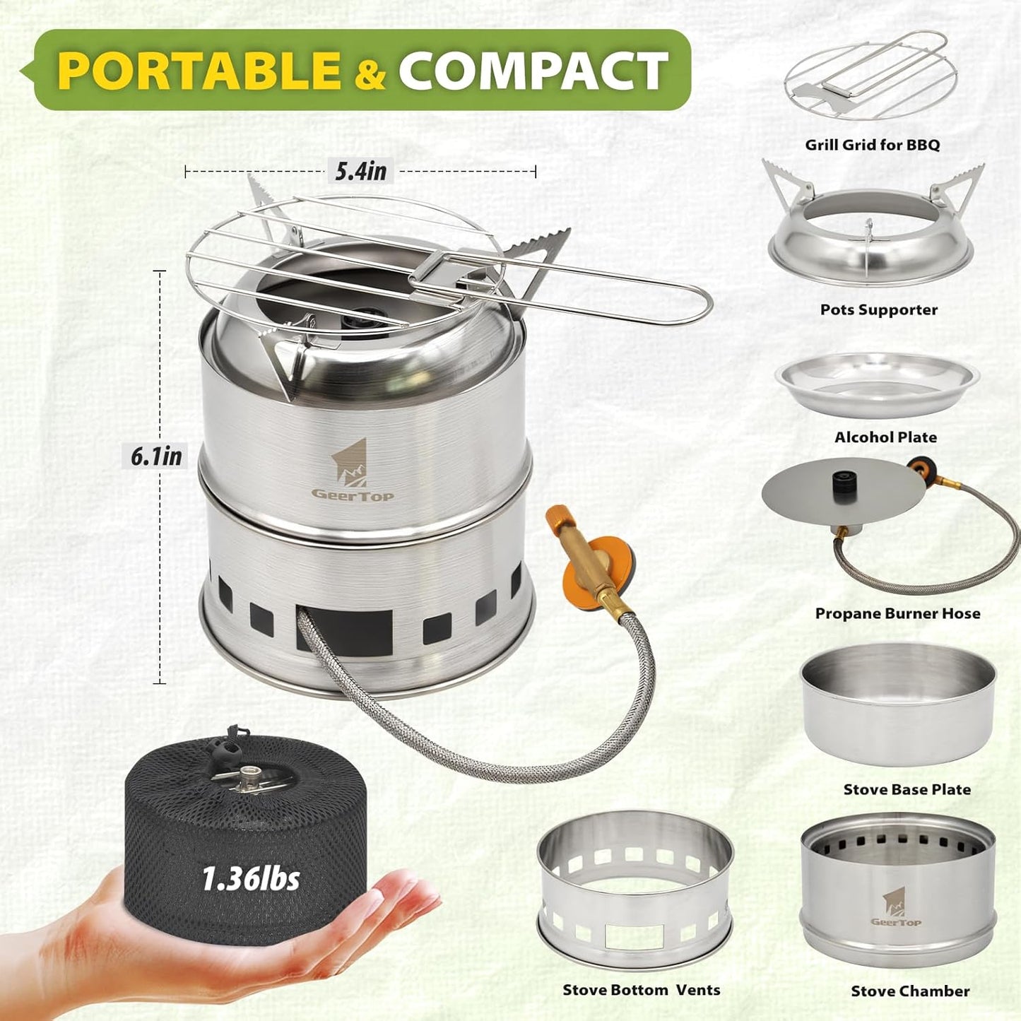 GEERTOP Portable Small Camping Stove with Fuel Canister Adapter Isobutane Ultralight Mini Stainless Steel Wood Burning Backpacking Stove Kit for Outdoor Hiking Emergency Cooking