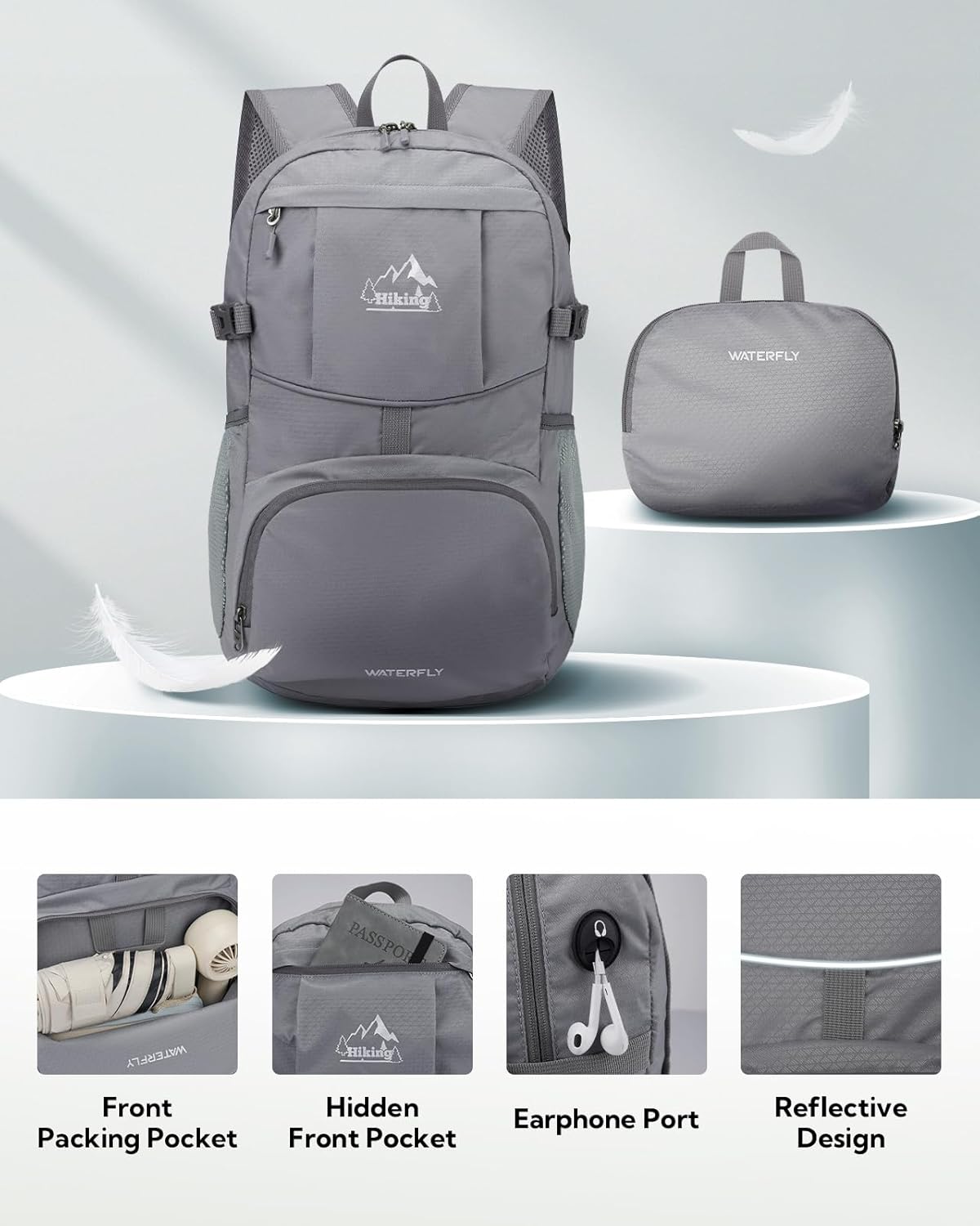 WATERFLY Hiking Foldable Daypack Backpack: 25L Ultra Lightweight Packable Waterproof Outdoor Travel Day Pack for Woman Man