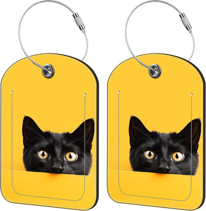 2 Pack Cute Luggage Tag for Suitcases Cute Black Cat Leather Luggage Tags with Stainless Steel Loop Privacy Flap Name Tags,Men and Women Travel Bag Suitcase Tags