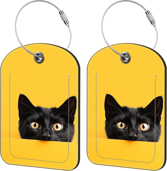 2 Pack Cute Luggage Tag for Suitcases Cute Black Cat Leather Luggage Tags with Stainless Steel Loop Privacy Flap Name Tags,Men and Women Travel Bag Suitcase Tags