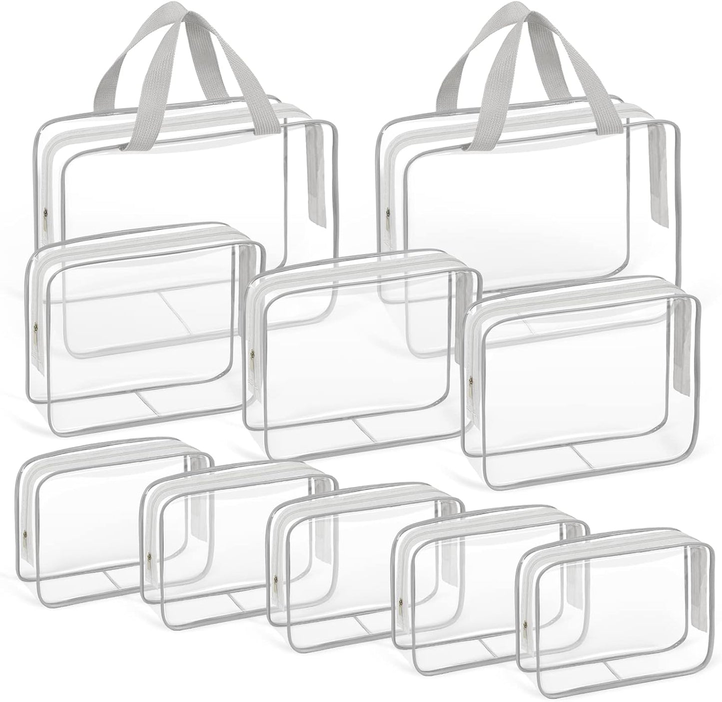 TISRATOK 10 PCS Clear Travel Makeup Toiletry Bag, Plastic PVC Cosmetic TSA Approved Organizer Kit with Zipper Handbag（Grey）