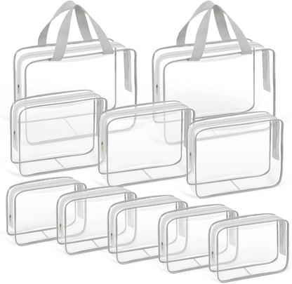 TISRATOK 10 PCS Clear Travel Makeup Toiletry Bag, Plastic PVC Cosmetic TSA Approved Organizer Kit with Zipper Handbag（Grey）