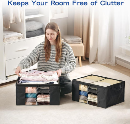 Clothes Storage Bags, Foldable Thick Fabric Blanket Storage Bags, Large Clear Window & Carry Handles, Great for Clothes, Blankets, Closets, Pillows, Toys (Black, 4PACK)