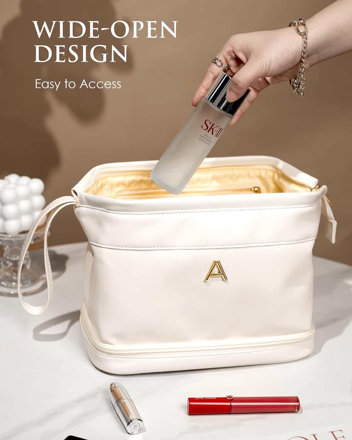 Women Gifts, Initial Makeup Bag, Personalized Double Layer Cosmetic Bag with Makeup Brush Organizer, Waterproof, Large Capacity PU Leather Travel Toiletry Bag, Gift for Wife