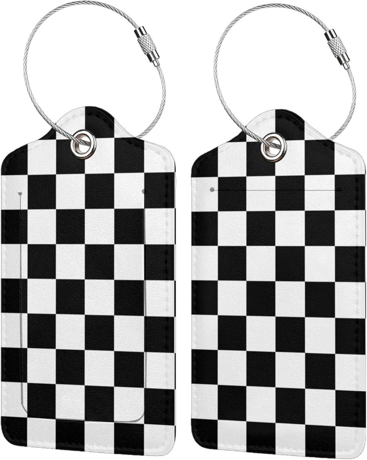 2 Pack Luggage Tags for Suitcase,Black and White Grid PU Leather Travel Luggage Tag with Privacy Flap, Name ID Label and Metal Loop for Women Men Suitcase Baggage Bag Backpack