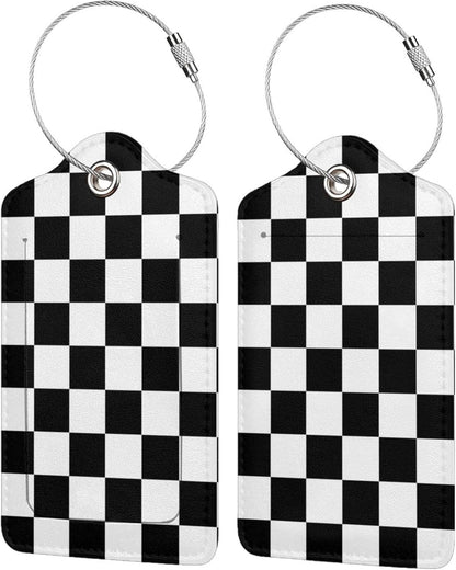 2 Pack Luggage Tags for Suitcase,Black and White Grid PU Leather Travel Luggage Tag with Privacy Flap, Name ID Label and Metal Loop for Women Men Suitcase Baggage Bag Backpack
