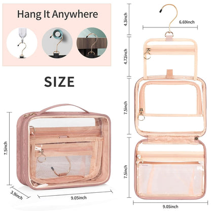 Clear Cosmetic Bags, Hanging Toiletry Bag for Travelling, Transparent Makeup Organizer Case, Water-resistant Portable Skncare Storage Pouch with Handle, Travel Must Haves