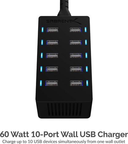 Sabrent 60 Watt (12 Amp) 10-Port [UL Certified] Family-Sized Desktop USB Rapid Charger. Smart USB Ports with Auto Detect Technology [Black] (AX-TPCS)