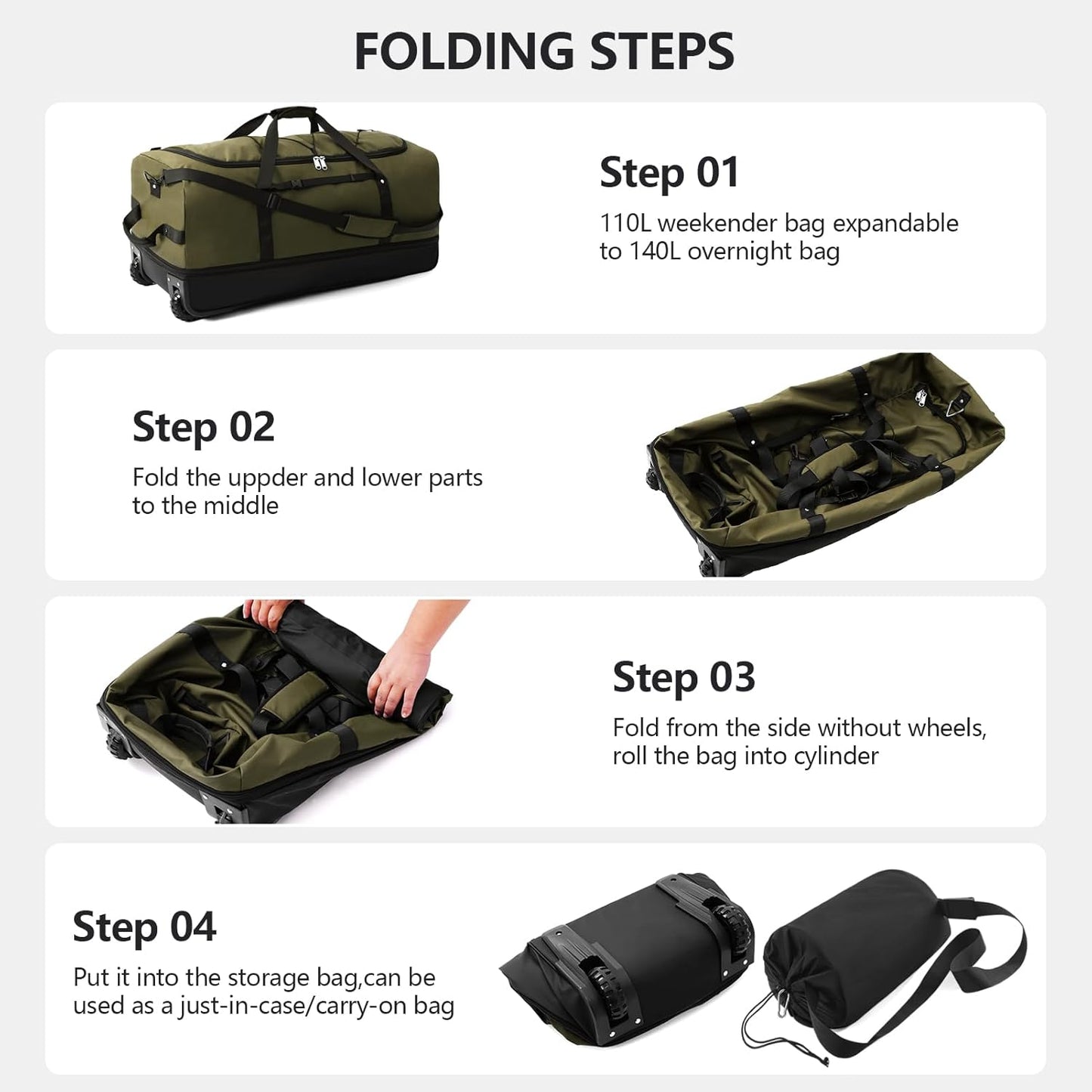 CONTAIL 32" Soft-Sided Rolling Duffle Bag with 2 Wheels,Expandable from 110L to 140L, Foldable Travel Duffel with Multiple Compartments,Army Green