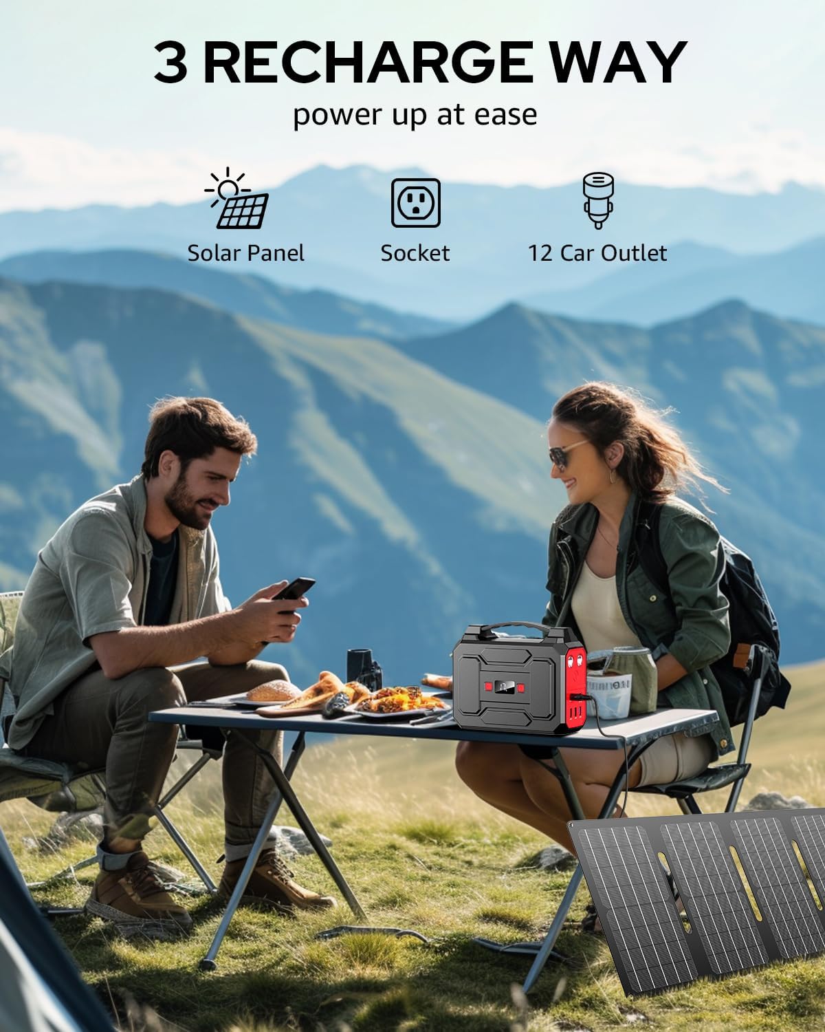 Apowking 146Wh Portable Power Station Bank 200W Peak(100W Rated) Solar Powered Power Bank with AC Outlet 110V, 39600mAh, USB QC3.0 Fasting Charging, LED Flashlights for Home Camping Emergency