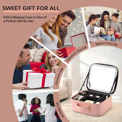 Makeup Bag with Led Mirror,Travel Makeup Organizer with 3 Color Setting & Jewelry storage box, Portable Storage and Adjustable Dividers Travel Makeup Bag(Pink)