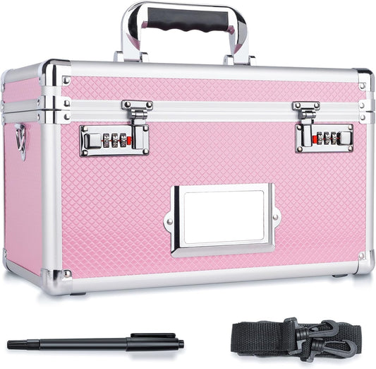 15 x 8.7 x 10 Inch Lockable Storage Box with Combination Lock, Portable Safe for Documents, Medicine, Cash & Valuables, Medicine Lock Box with Label Slot for Home, Office & Travel - Pink