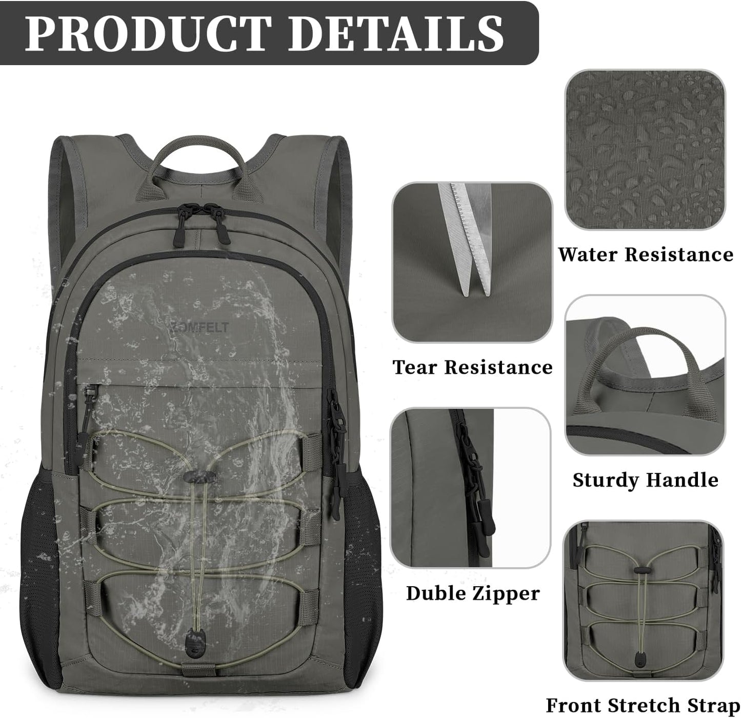 ZOMFELT Hiking Backpack for Women Men, 15L Lightweight Packable Backpacks for Trip, Water Resistant Small Travel Backpack, Foldable daypack for Hiking, Walking, Cycling, Camping, Grey & Black