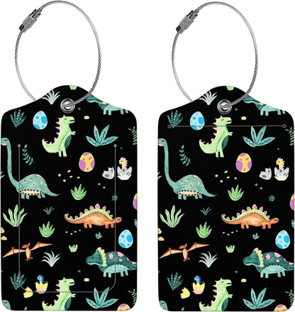 2 Pcs Luggage Tags for Suitcases, PU Leather Cruise Ship Luggage Tags with Privacy Cover Label Address Card and Durable Metal Ring Suitable for Men Women Handbags Backpacks Schoolbag,Small Dinosaur