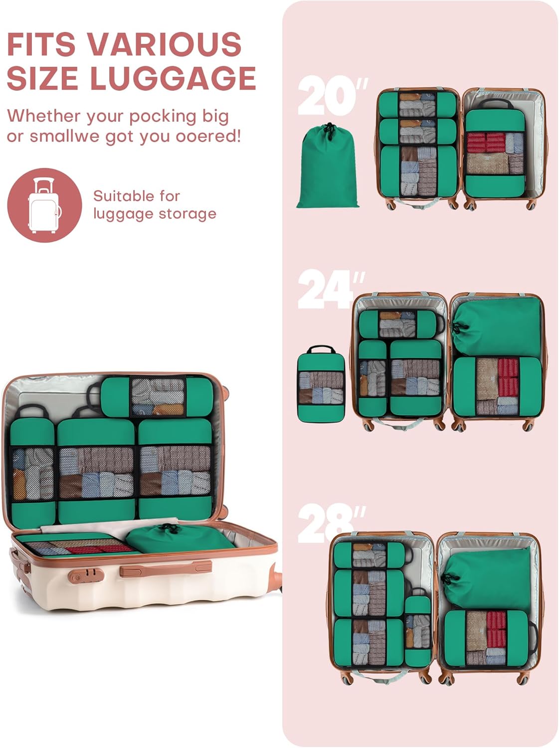 6 PCS Set Compression Packing Cubes for Travel, Lightweight Packing Organizer Bags Travel Essentials for Carry On, Suitcase, Home Closet - Green