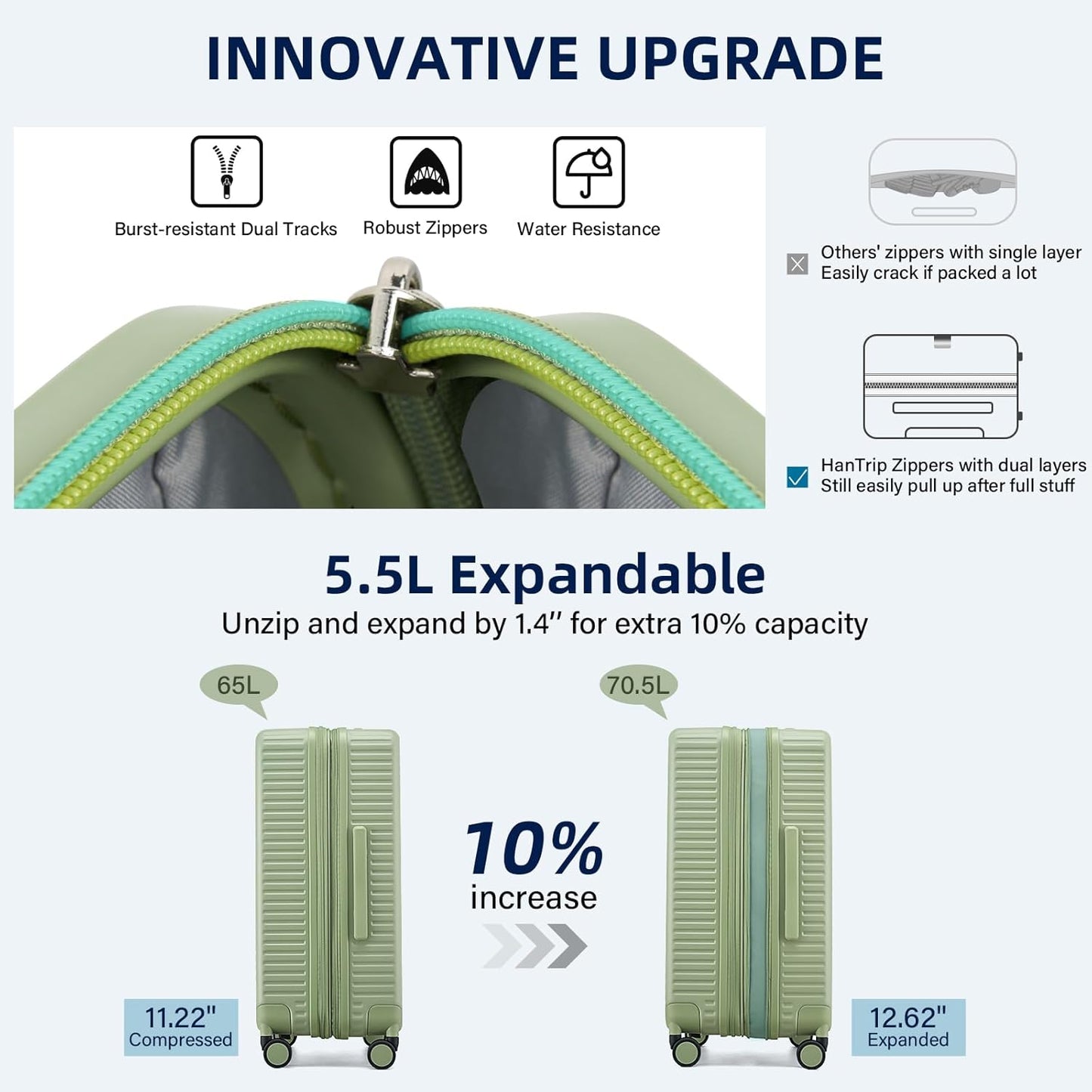 Hard Shell Suitcases Travel Expandable Luggage, 24 Inch Check in Luggage with Spinner Wheels Cup Holder Charger Built in, Checked Medium Suitcase Lightweight Suitcases, Bamboo Green