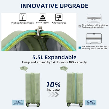 Hard Shell Suitcases Travel Expandable Luggage, 24 Inch Check in Luggage with Spinner Wheels Cup Holder Charger Built in, Checked Medium Suitcase Lightweight Suitcases, Bamboo Green