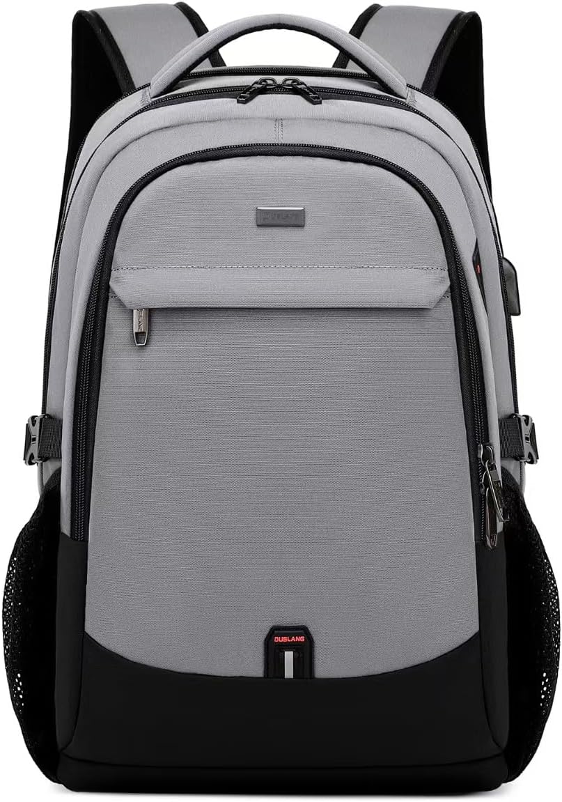 DUSLANG 17 Inch Travel Laptop Backpack Water Resistant College Backpack for Men/Women Laptop Bag with USB Charging Port, Light Grey and Black