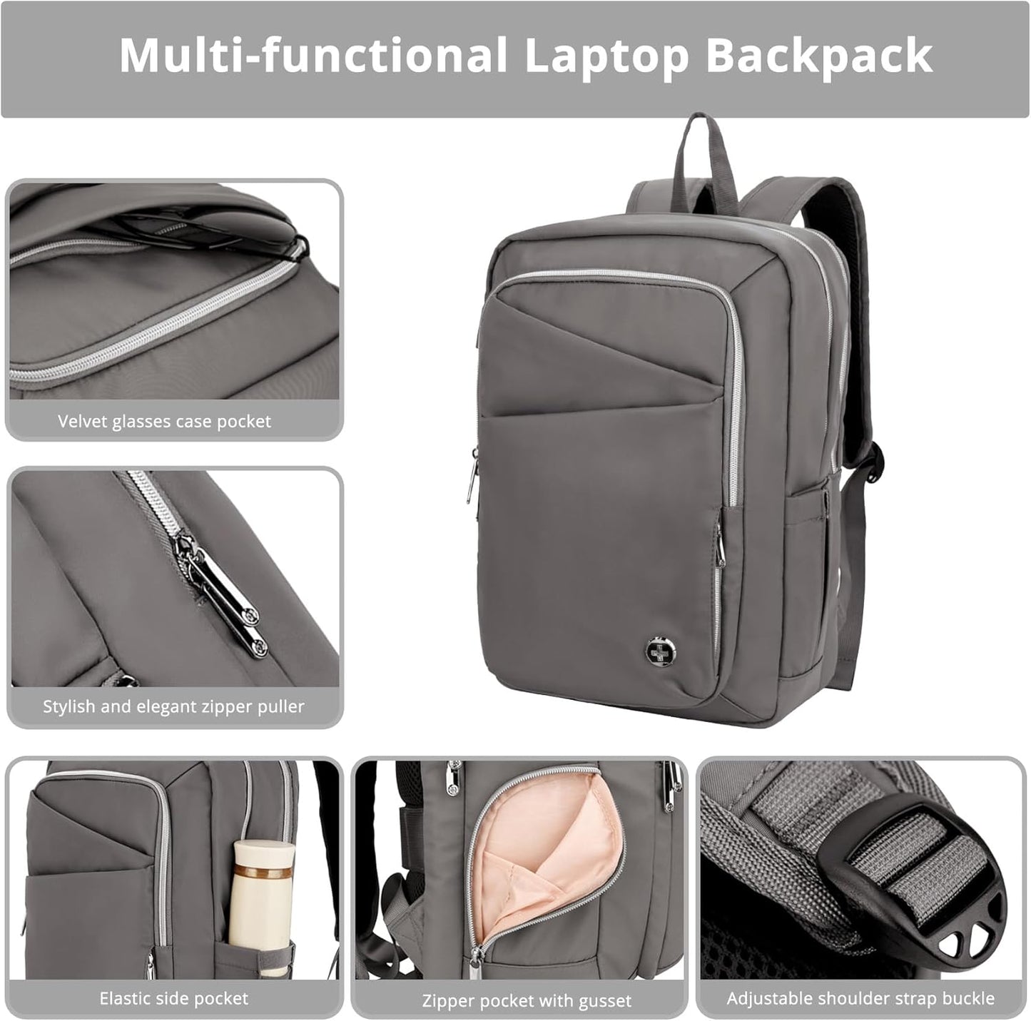 Swissdigital Design Laptop Backpack For Women，Travel Backpack With USB Charging Port，Fits 15.6 Inch School Computer Backpacks For Work Business,Grey | KATY ROSE