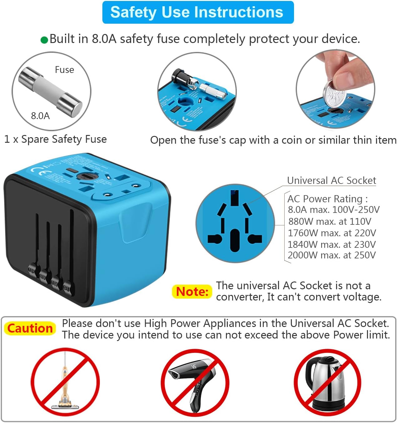 Universal International Travel Power Adapter W/Smart High Speed 2.4A 4xUSB Wall Charger, European Travel Plug Adapter, Worldwide AC Outlet for Europe, UK, US, AU, Asia-Blue