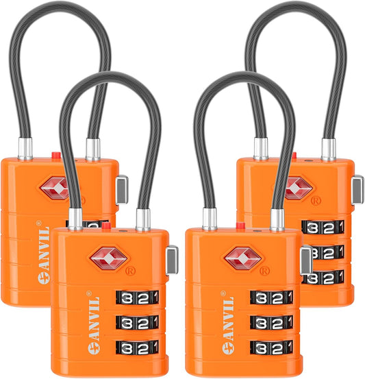 ANVIL TSA Approved Luggage Locks – High Security TSA008 Combination Travel Locks with Inspection Indicator for Suitcases and Backpacks. (4, Orange)