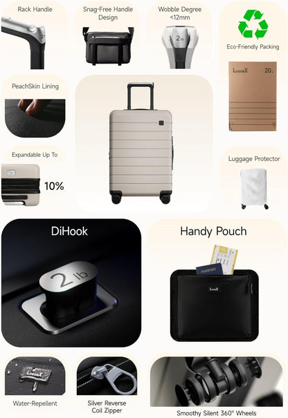 LUGGEX Carry On Luggage HUP3, Accelerate Access with DiHook, Handy Pouch, 20 inch Expandable Hard Shell Suitcases with Spinner Wheels
