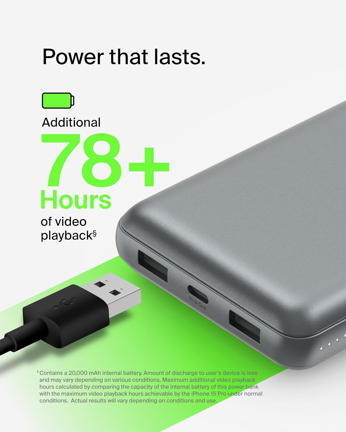 Belkin Portable Charger, USB C Power Bank 20000 mAh w/ 2 USB-A Ports, 15W w/A to C Cable for iPhone 16, 15, Samsung Galaxy S25, iPad, Nintendo Switch 2, Google Pixel 10, etc. - Gray