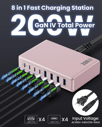 200W USB C Charger Block,GaN IV Charging Station 8 Ports,QC4.0 Fast Charging Station Hub+PD 65W USB C Laptop Charger Adapter Compatible with MacBook Air/Pro,DELL,iPhone 16/15,iPad,Steam Deck-Pink