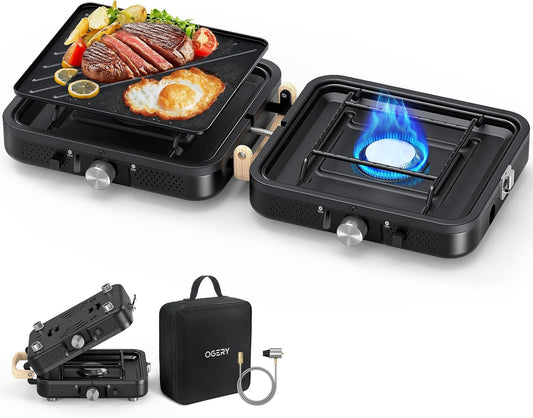 OGERY 2-Burner Foldable Camping Stove with Griddle (Textured & Smooth) and Carrying Bag, Portable Propane Camp Stove with 2 Adjustable Burners & Piezo Ignition, for Camping Tailgating Essentials Gear