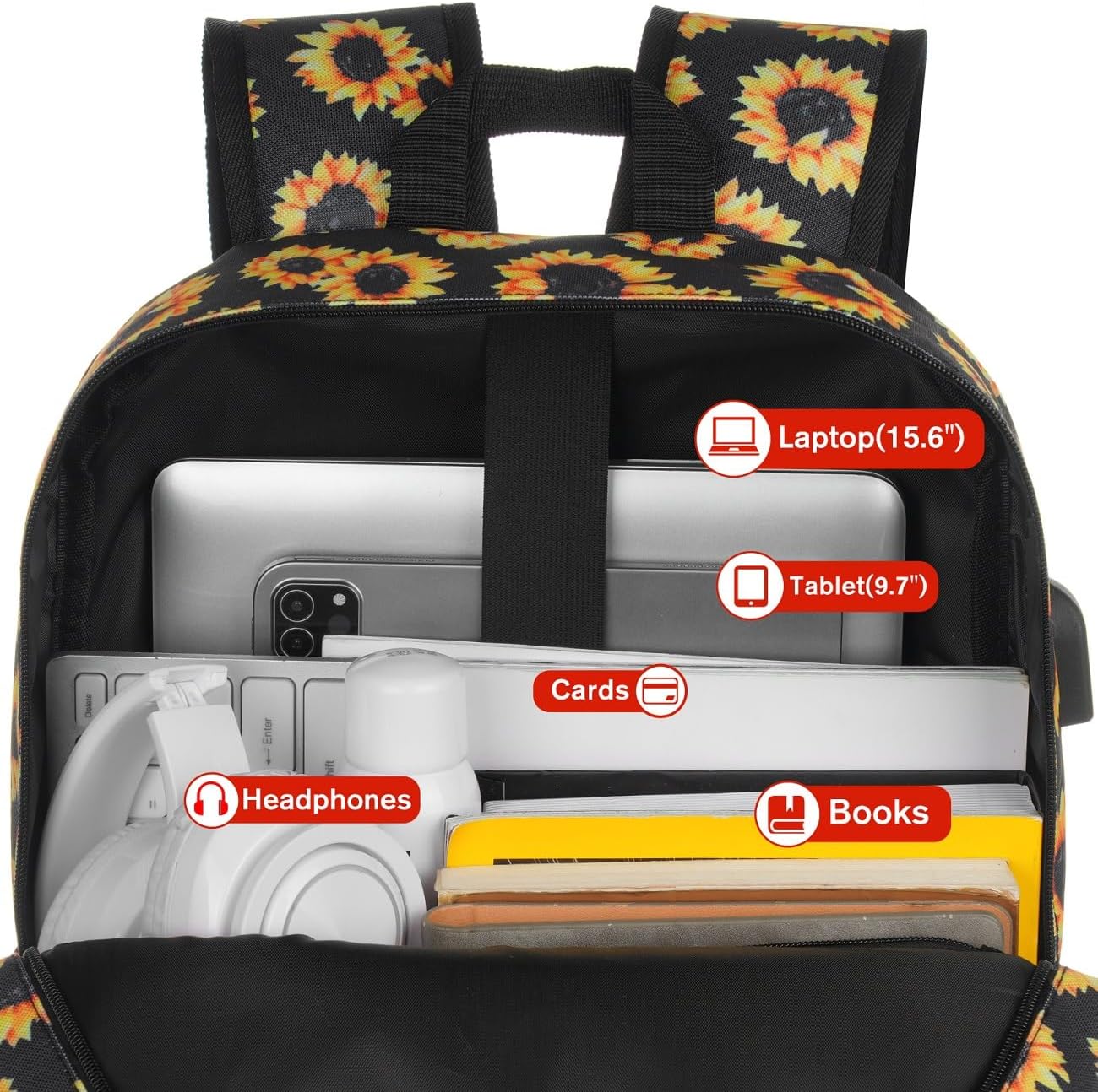 School Backpack,Sunflower Bookbag Men and Teen Boy Schoolbag with USB Charging Port for High School College Office Work Travel