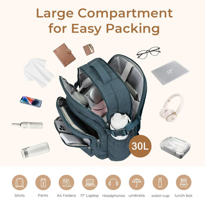 CLUCI 17.3 Inch Laptop Backpack for Women, Anti Theft Travel Backpack, Puffer Quilted Work Backpack, Water Resistant College Bookbag, Carry on backpack with RFID(Green)