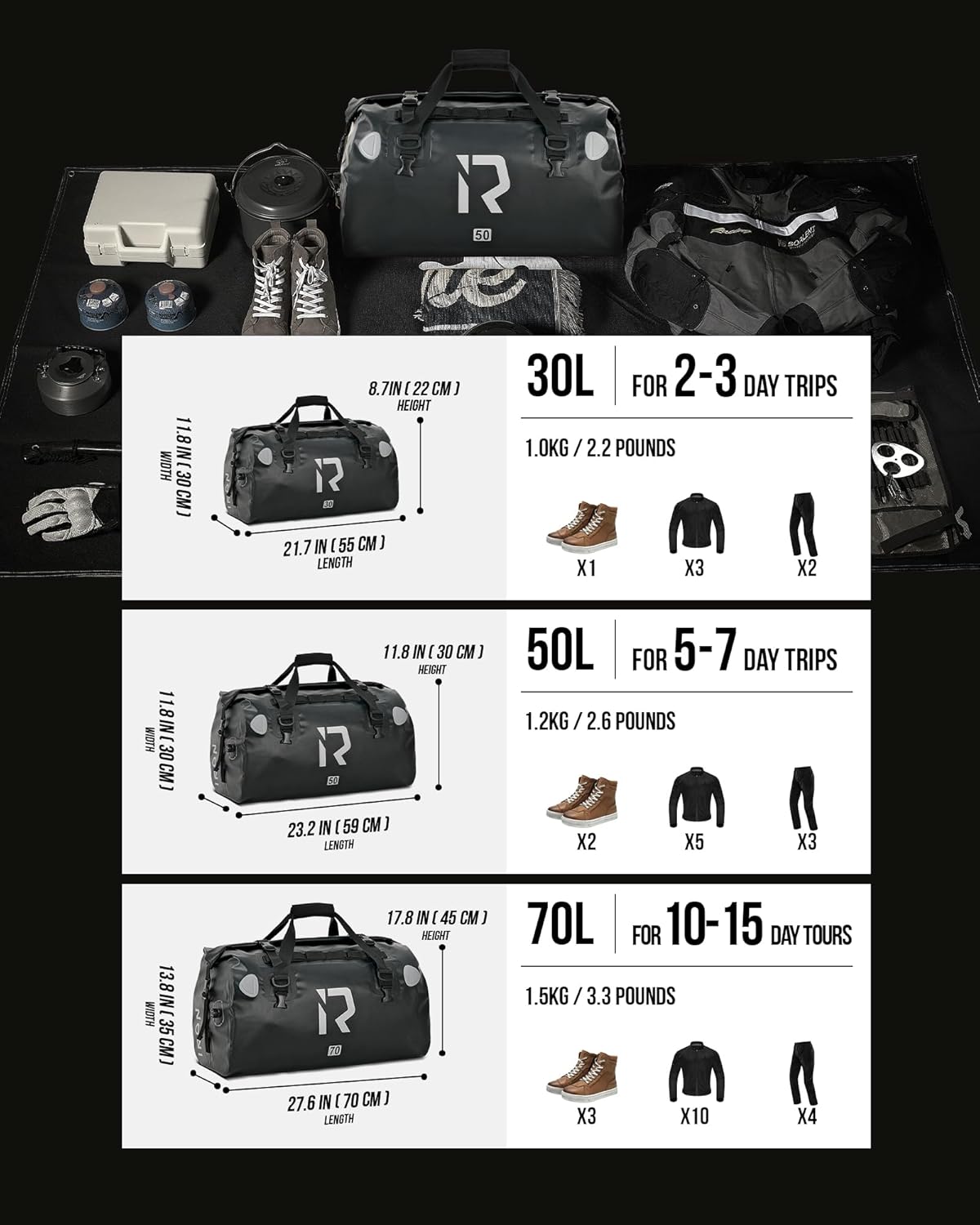 IRON JIA'S Motorcycle Dry Bag - Waterproof Duffle & Luggage Tail Bag Saddle Bags with Roll Top Closure, Shoulder Straps, Inner Pocket and Mesh Pocket (Black, 30L)