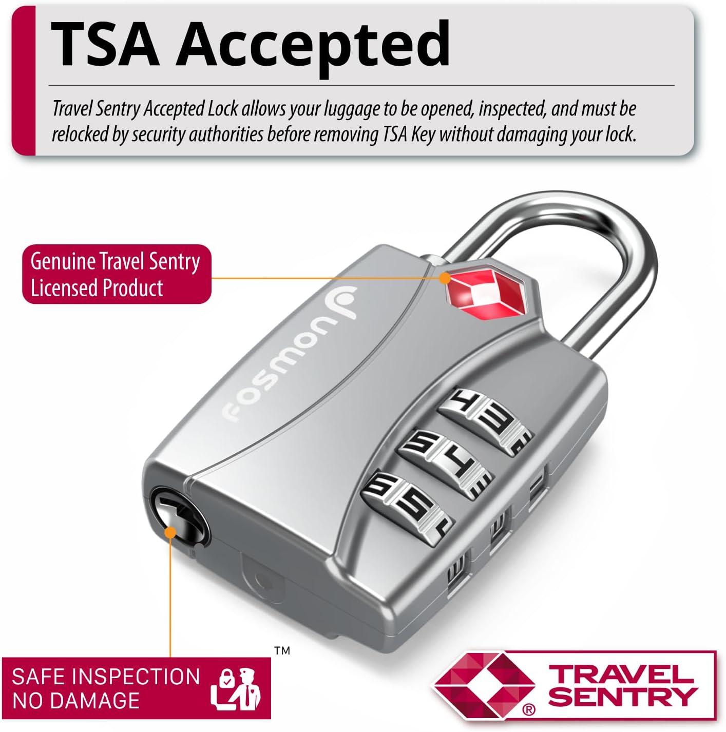 Fosmon TSA Approved Locks for Luggage. Suitcase Locks with Open Alert Indicator, 3 Digit Combination Padlock with Alloy Body for Travel, Backpack Zipper Anti Theft, Locker, Gym- Silver 2 Pack