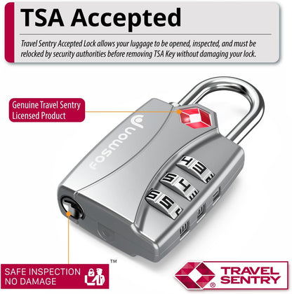 Fosmon TSA Approved Locks for Luggage. Suitcase Locks with Open Alert Indicator, 3 Digit Combination Padlock with Alloy Body for Travel, Backpack Zipper Anti Theft, Locker, Gym- Silver 2 Pack