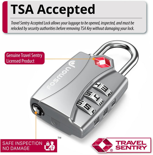 Fosmon TSA Approved Locks for Luggage. Suitcase Locks with Open Alert Indicator, 3 Digit Combination Padlock with Alloy Body for Travel, Backpack Zipper Anti Theft, Locker, Gym- Silver 2 Pack