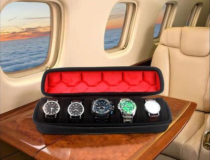 Hard 5 Slots Watch travel case with Soft Separation pillow, fit men's women's casual/sports/diving/dress/automatic watches up to 60mm sized face, with luxury red lining(case only)