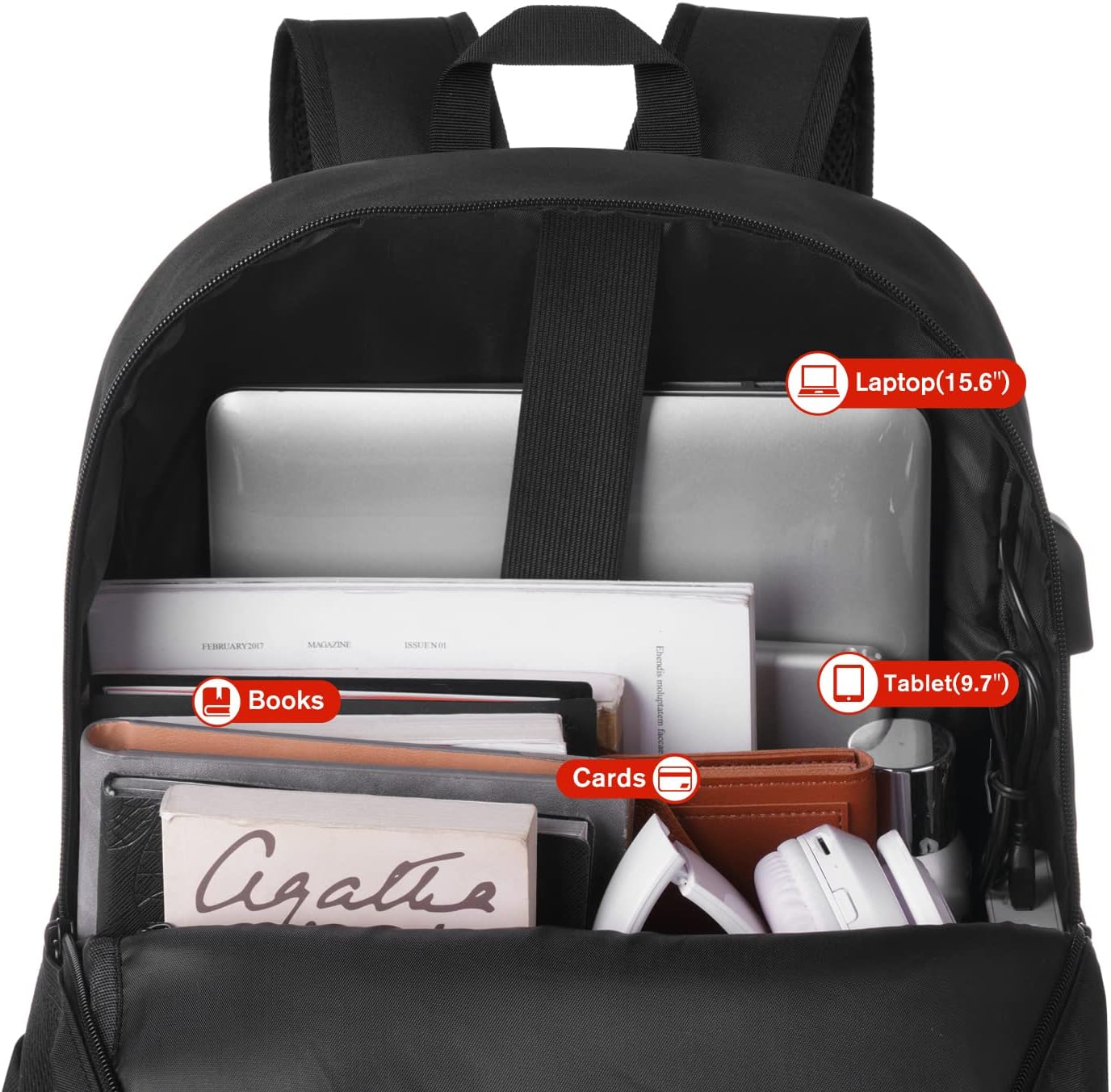 Black Backpack for Women Men,Casual School Backpack Teen Boys and Girls 15.6 Inch Laptop Bookbag with USB Charger for College High School Travel Business