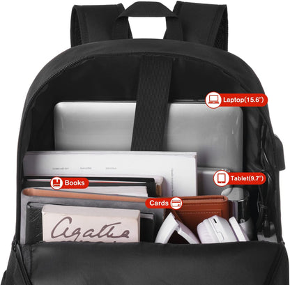 Black Backpack for Women Men,Casual School Backpack Teen Boys and Girls 15.6 Inch Laptop Bookbag with USB Charger for College High School Travel Business