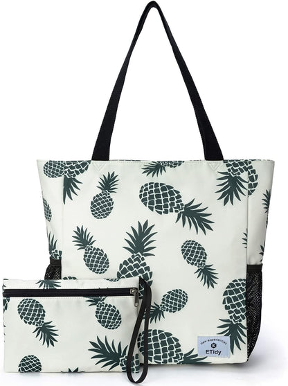 ETidy Large Capacity Foldable Tote Bag With Zipper Water-resistant SandproofWomen Beach Bag Handbag GymBag Travel ShoppingBag