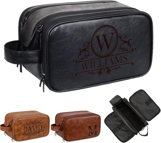 Personalized Leather Toiletry Bag for Men - Double Layer Reinforced Handle,Large Water Resistant Shaving Dopp Kit,Travel Essential,Wedding Groomsmen Gift