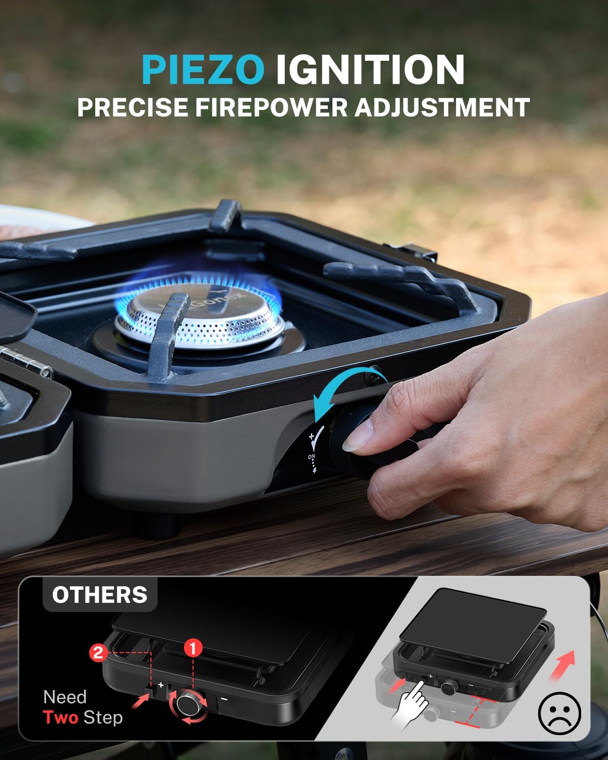 Gonex 2 Burner Propane Camping Stove with Griddle & Grates, Portable Foldable Cooking Stove with Total 16,000 BTU, Two Piezo Ignition Adjustable Burners for Camping, Patio, Emergency, Hiking (Grey)