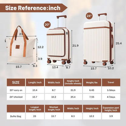 Merax Luggage Sets Front Opening, 2 Piece Hardshell Suitcase with Spinner Wheels and Bags,Lightweight Carry on Luggage with USB Port,20+24,White and Brown